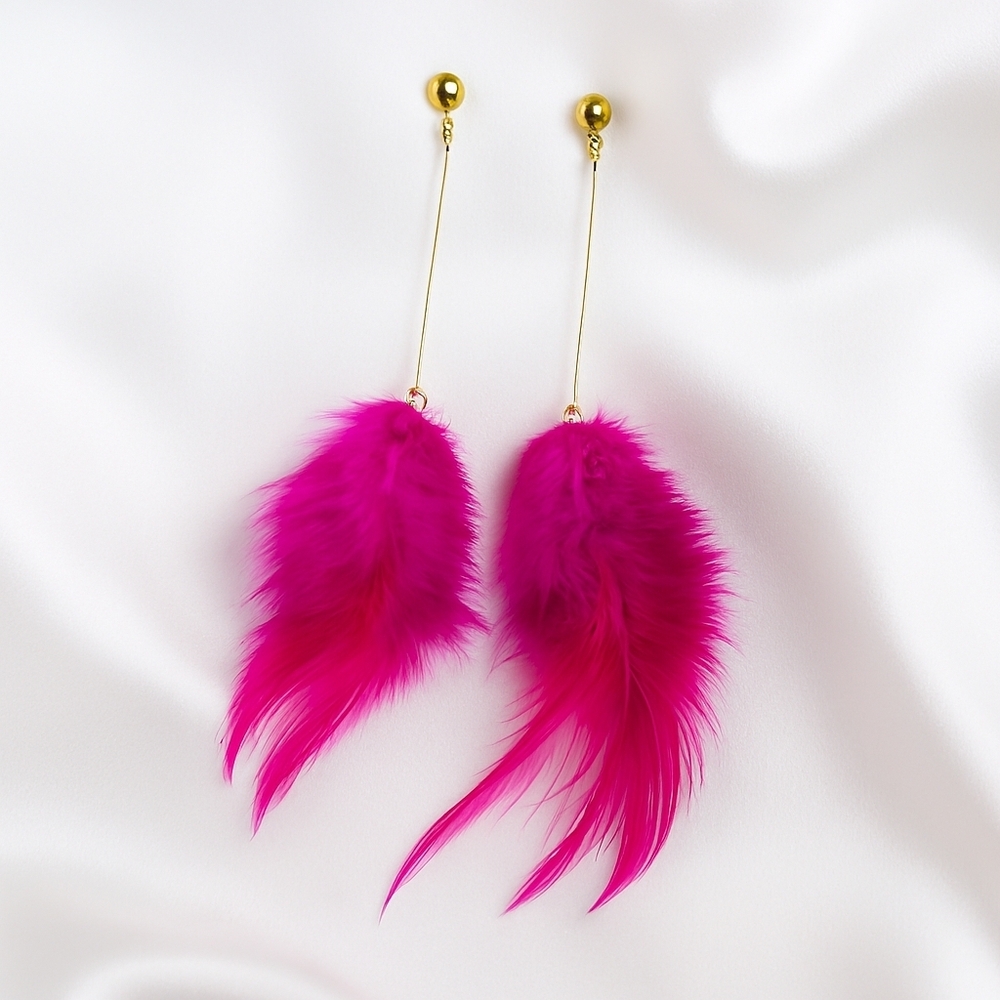 Gold Pink Feather Drop Earrings – 6.5" Statement Post Earrings for Women's Boho